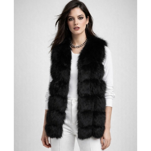 Skea Black Genuine Fox Fur Sweater Vest Tiered Ribbed Knit Back Mock Neck Small